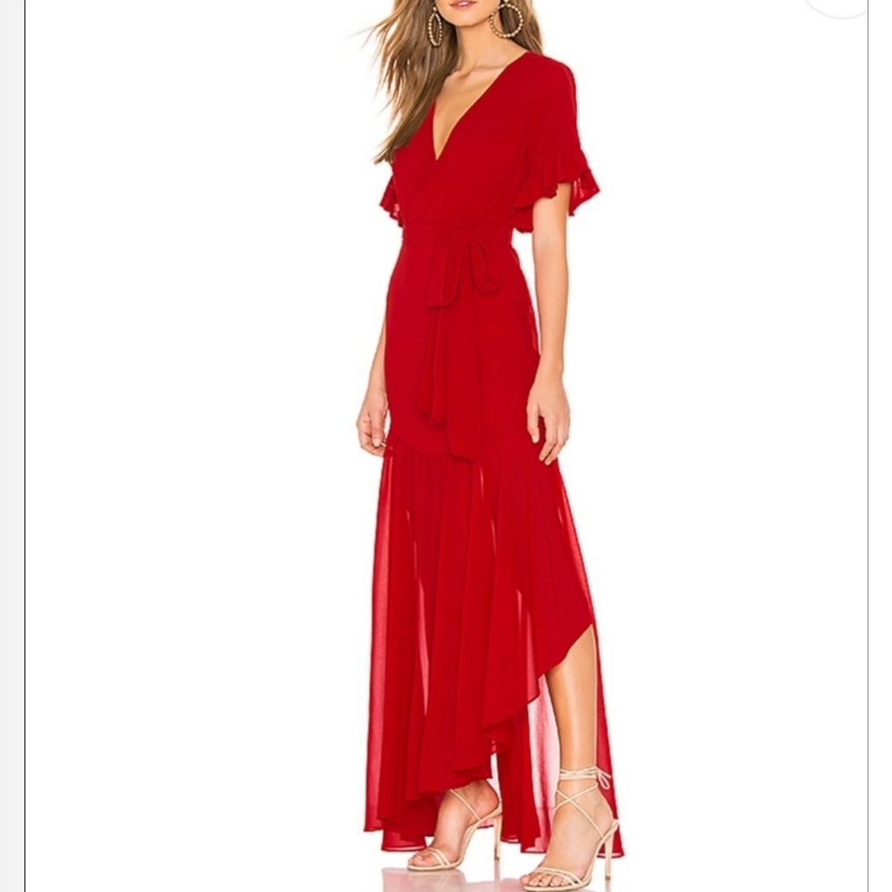 Privacy Please X Revolve Red Maxii Dress Ruffle Sleeve V-neck Belted Size Small